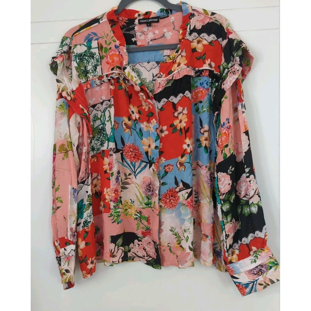 Floral Patchwork Blouse‎ L Ruffle Button Up Long Slv Colorful Artsy Art To Wear